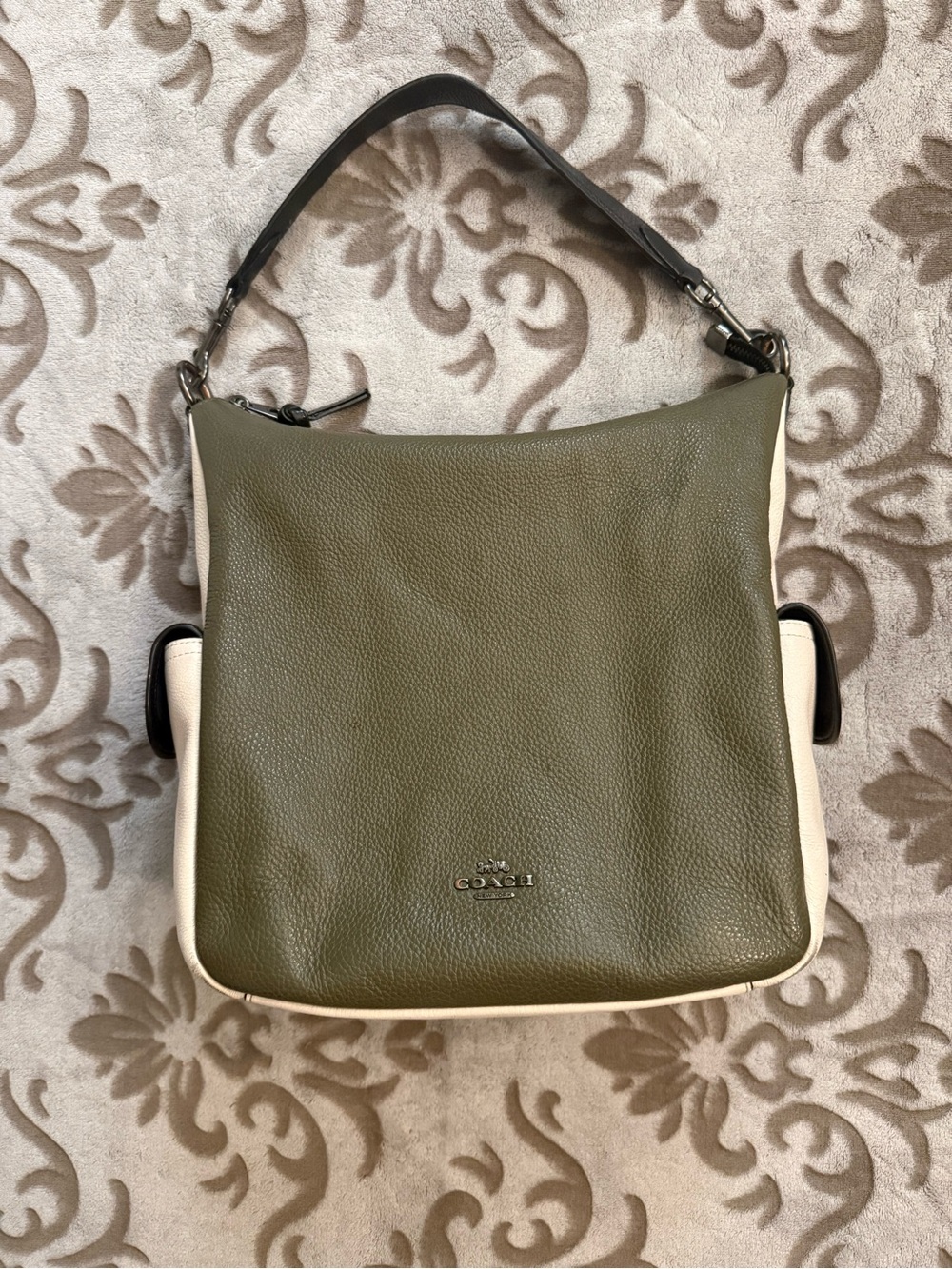 Coach Olive Green and Cream Pebbled Leather Shoulder Hobo